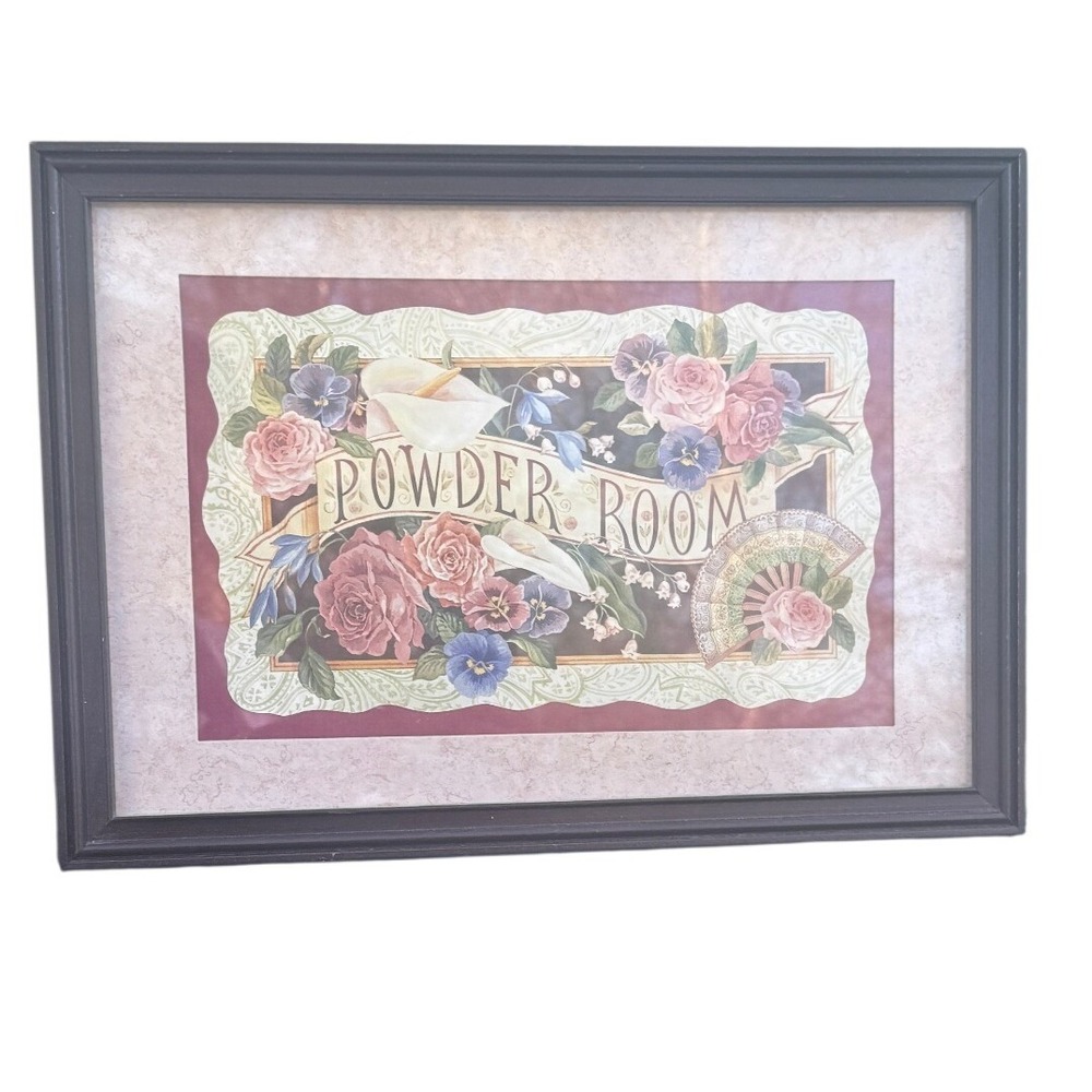 Powder Room Framed Floral Art Print 14x10 Vintage Shabby Chic Cottagecore